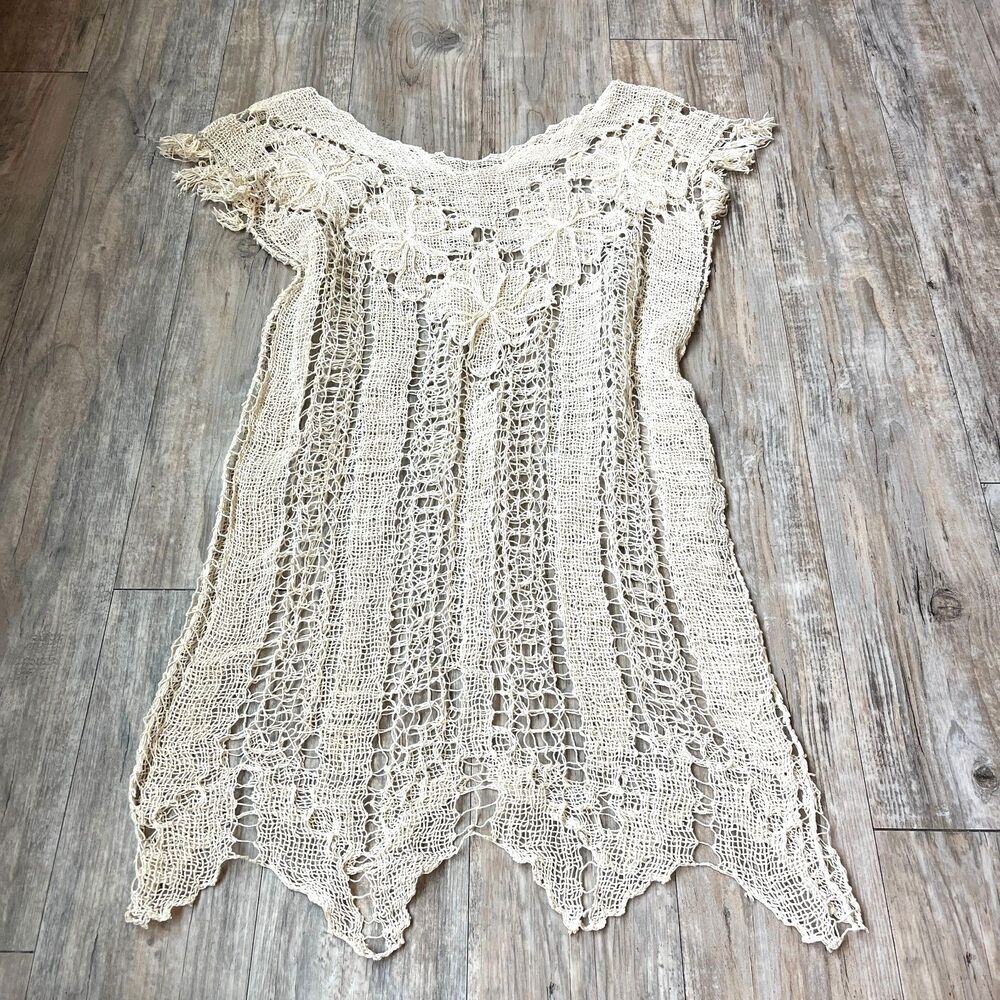 Beige Vintage Crochet Top Medium Summer Knit Dress Boho Beach Sexy Crochet Long